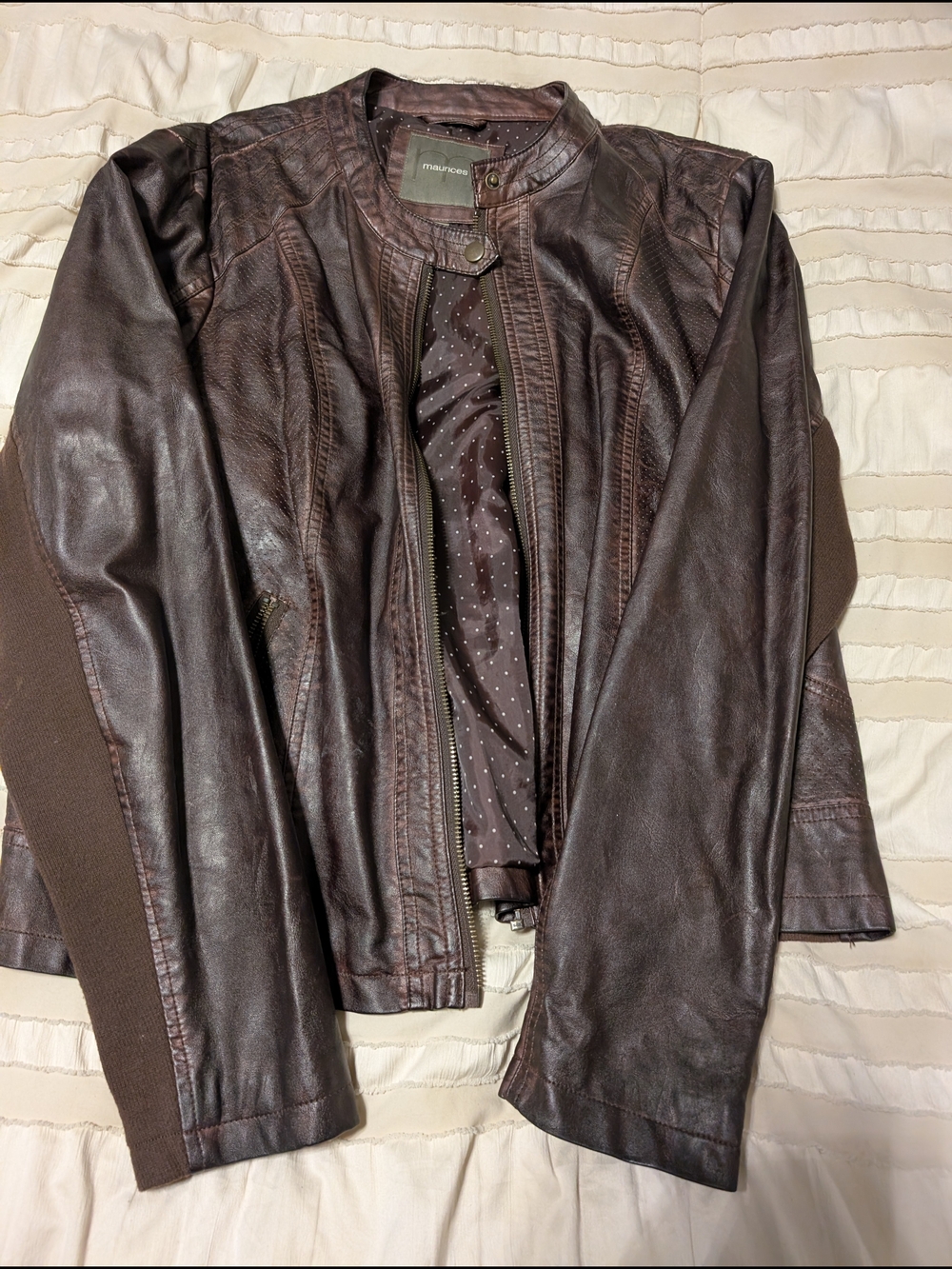 Maurices Dark Brown Faux Leather Moto Jacket with Ribbed Panels